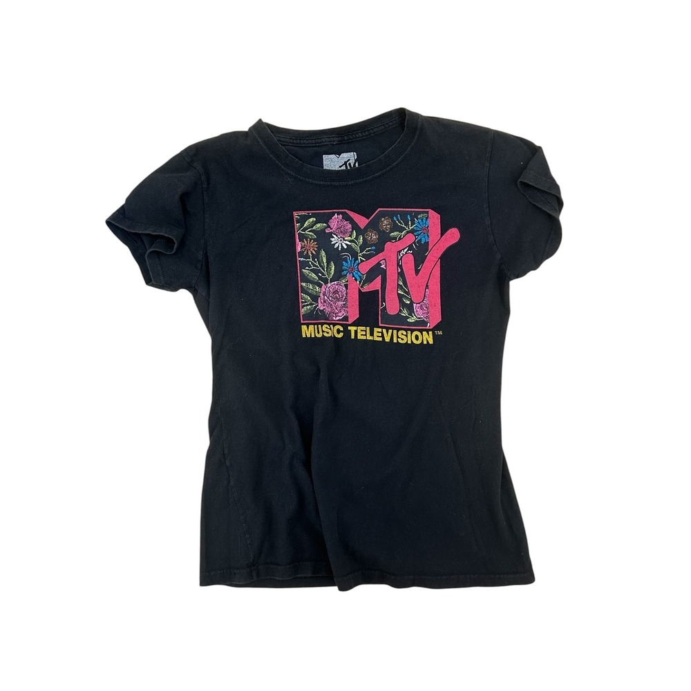 MTV Music Television Floral Graphic T-Shirt Black Womens Fits Medium